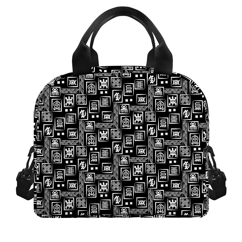 Black Adinkra Symbols Pattern Print Insulated Lunch Bag
