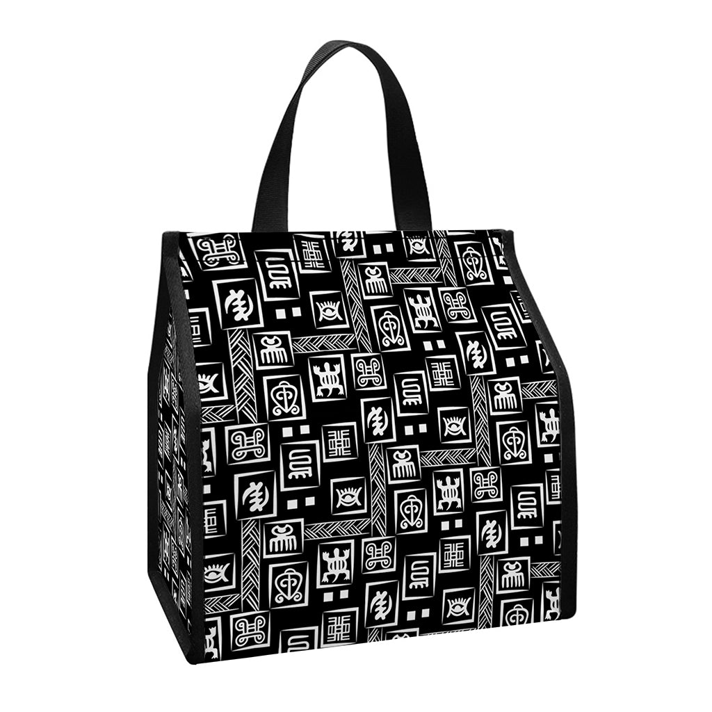 Black Adinkra Symbols Pattern Print Insulated Lunch Tote