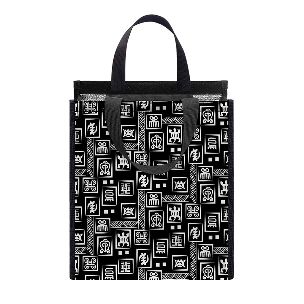 Black Adinkra Symbols Pattern Print Insulated Lunch Tote