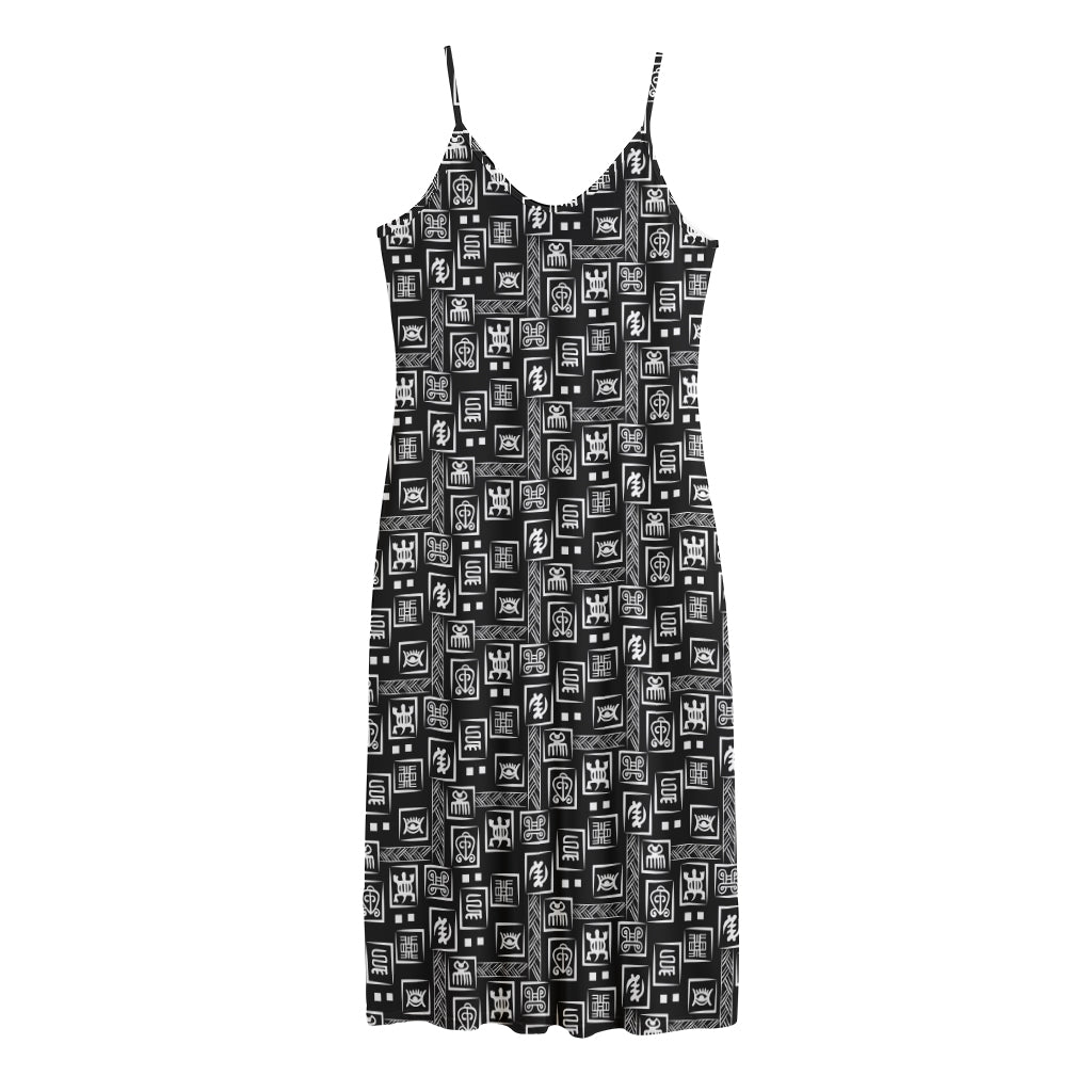 Black Adinkra Symbols Pattern Print Jersey Midi Cami Dress