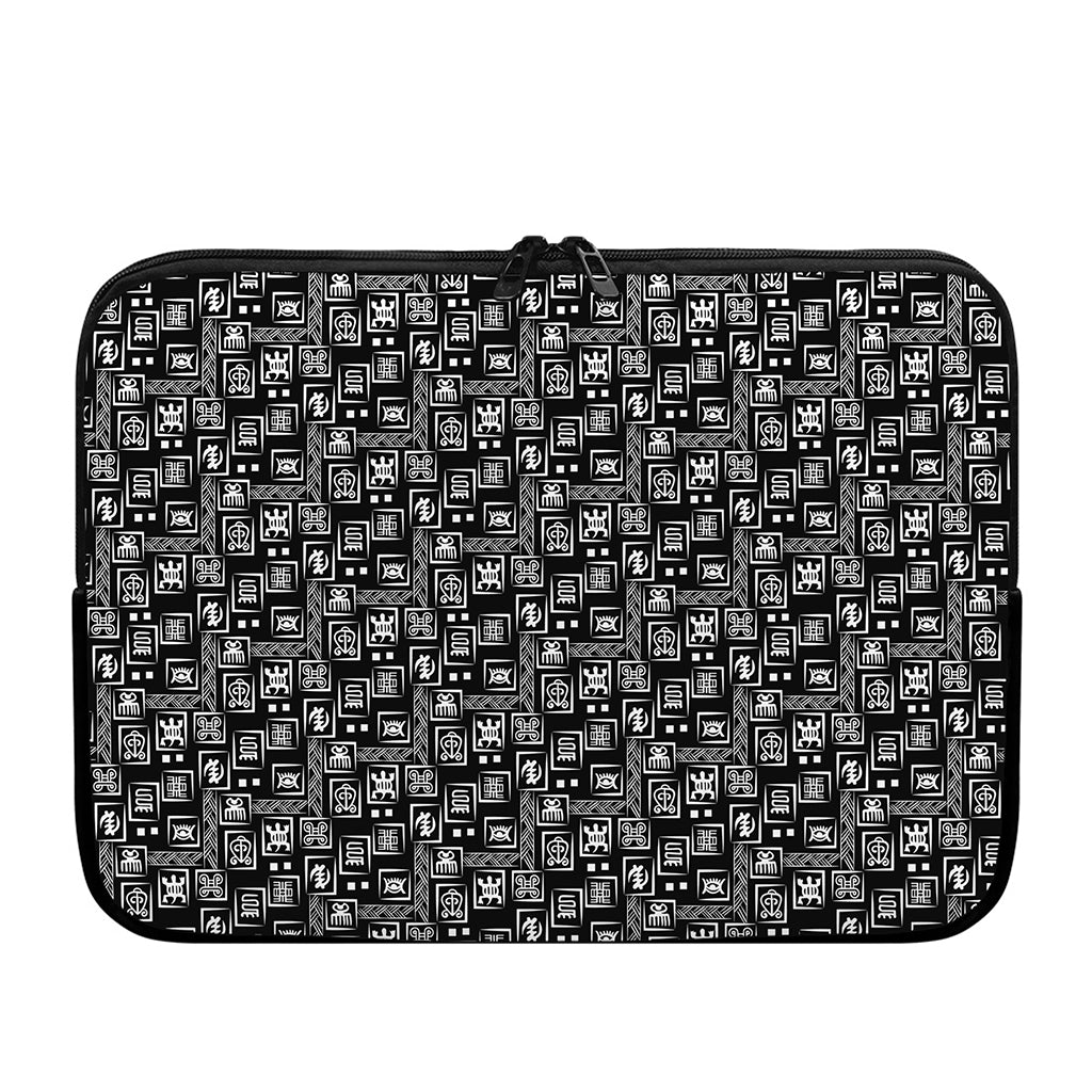 Black Adinkra Symbols Pattern Print Laptop Sleeve