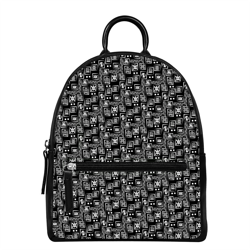 Black Adinkra Symbols Pattern Print Leather Backpack