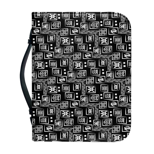 Black Adinkra Symbols Pattern Print Leather Bible Cover