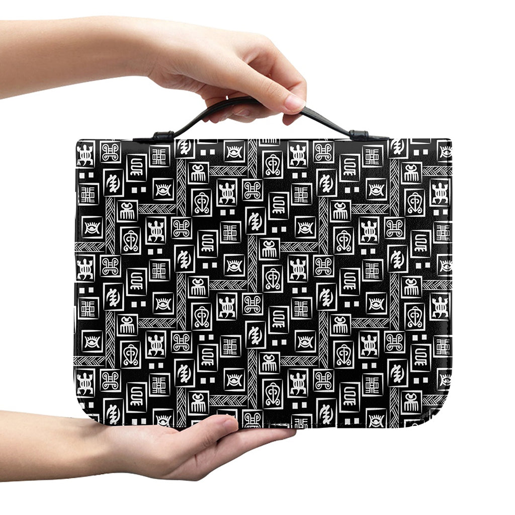 Black Adinkra Symbols Pattern Print Leather Bible Cover