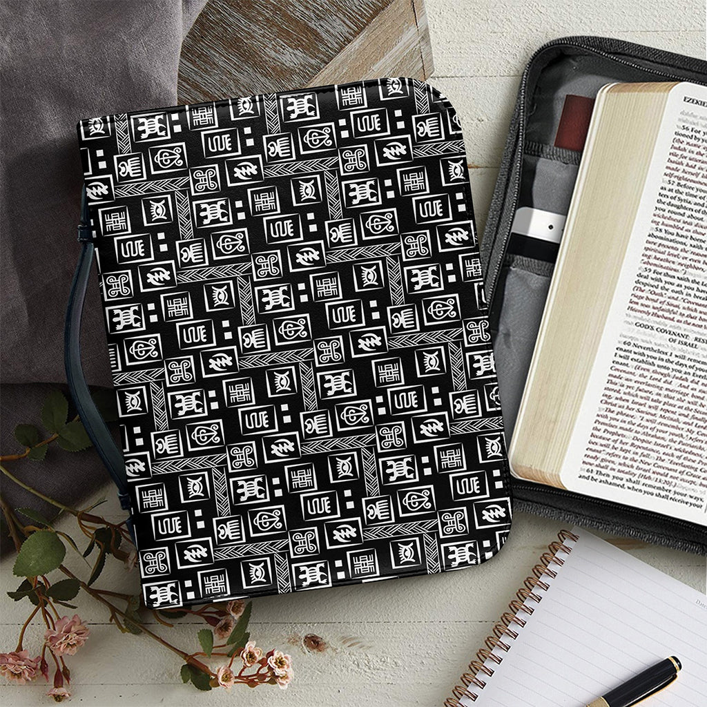 Black Adinkra Symbols Pattern Print Leather Bible Cover