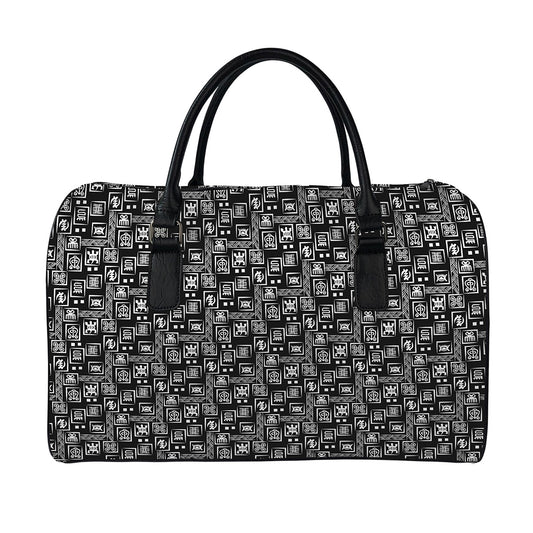 Black Adinkra Symbols Pattern Print Leather Duffle Bag