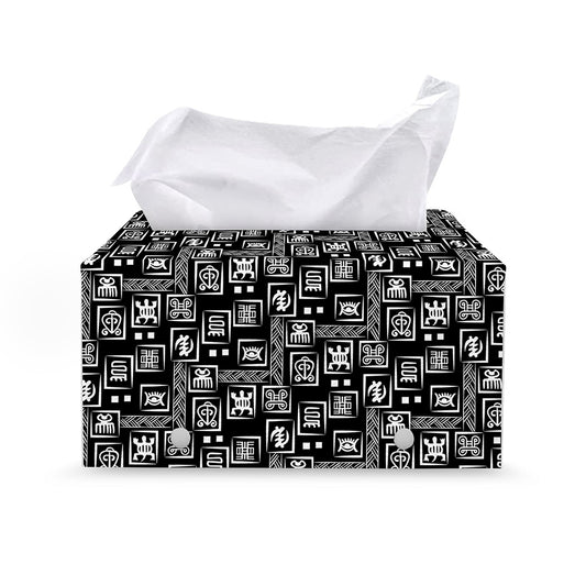 Black Adinkra Symbols Pattern Print Leather Tissue Box Cover
