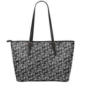 Black Adinkra Symbols Pattern Print Leather Tote Bag