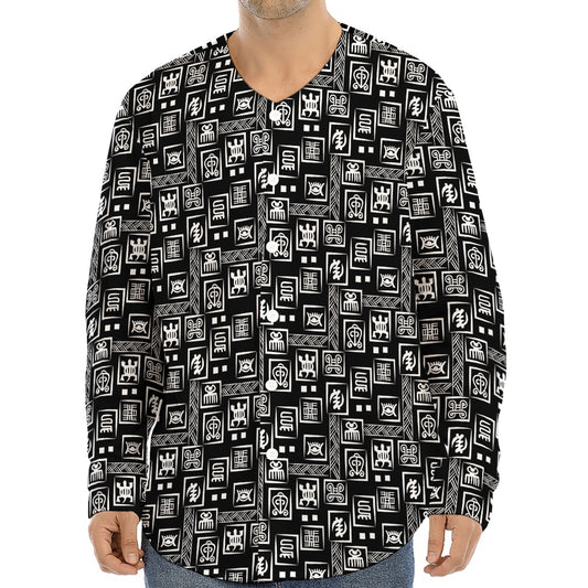 Black Adinkra Symbols Pattern Print Long Sleeve Baseball Jersey