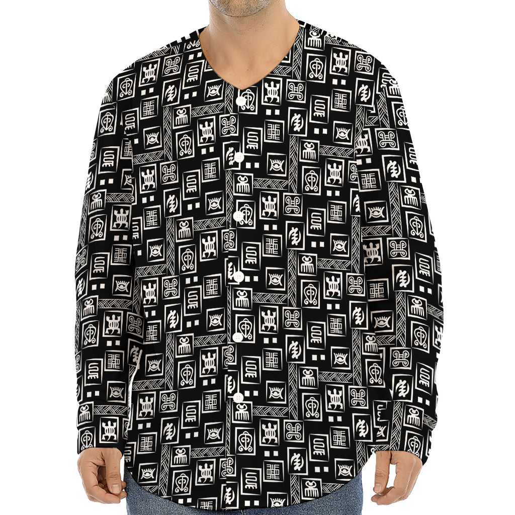 Black Adinkra Symbols Pattern Print Long Sleeve Baseball Jersey