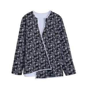 Black Adinkra Symbols Pattern Print Long Sleeve Short Coat