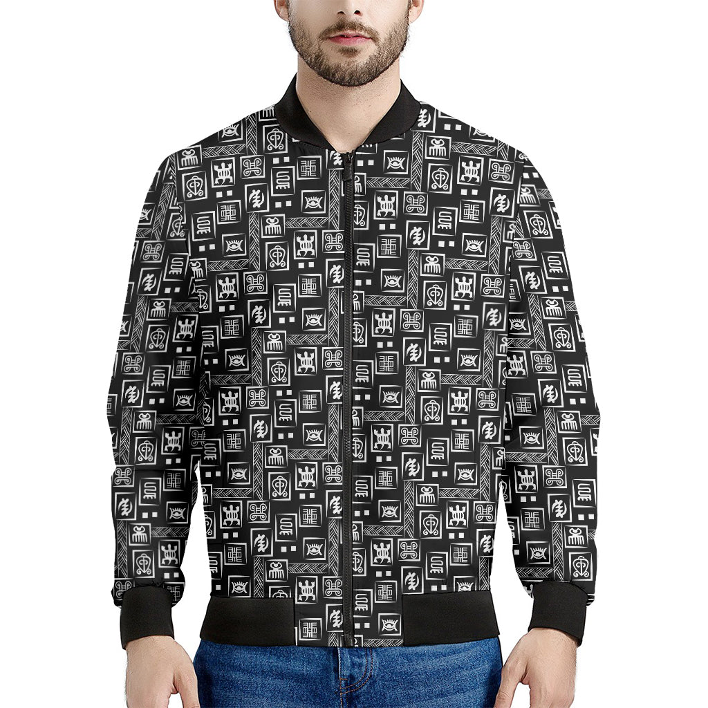 Black Adinkra Symbols Pattern Print Men's Bomber Jacket