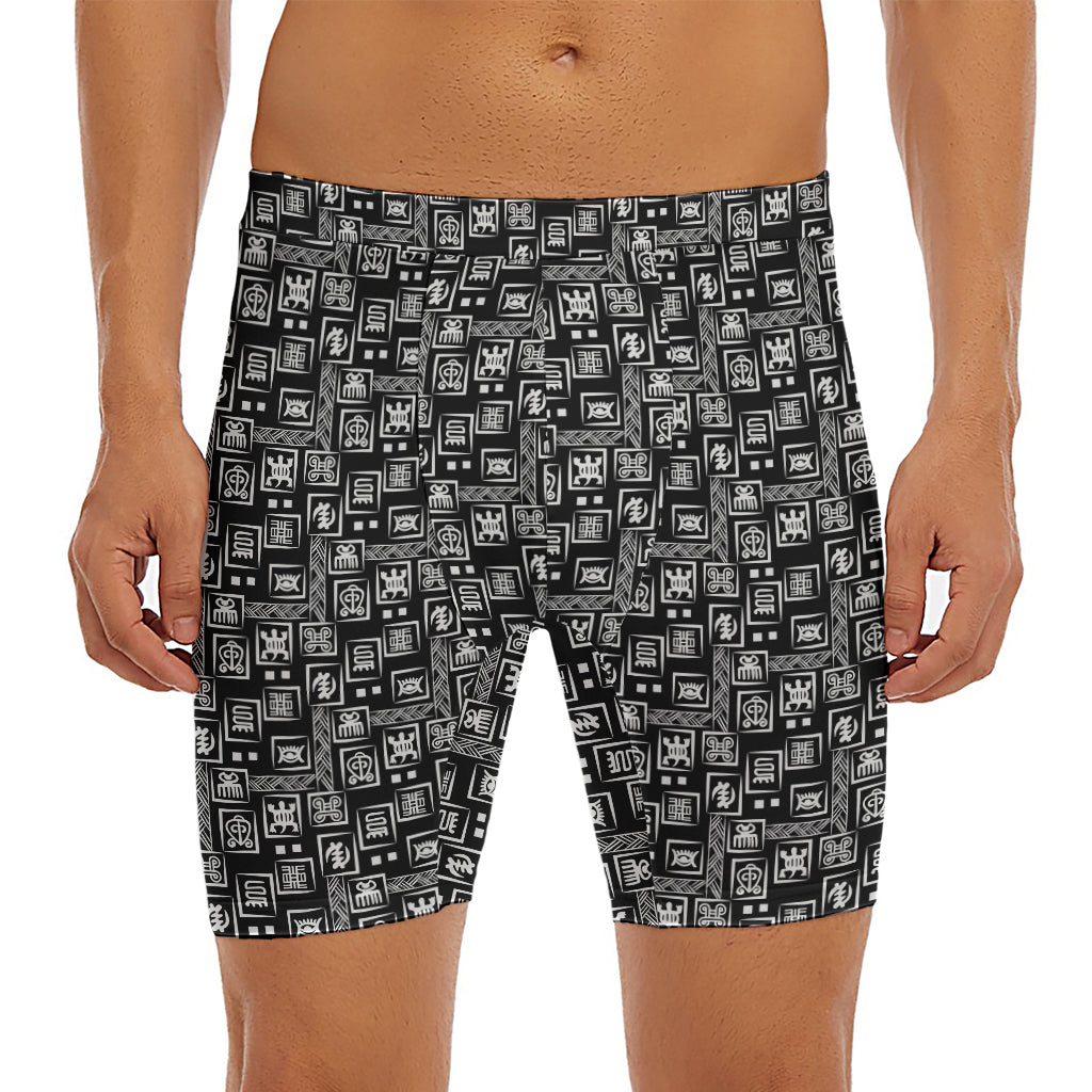 Black Adinkra Symbols Pattern Print Men's Long Boxer Briefs