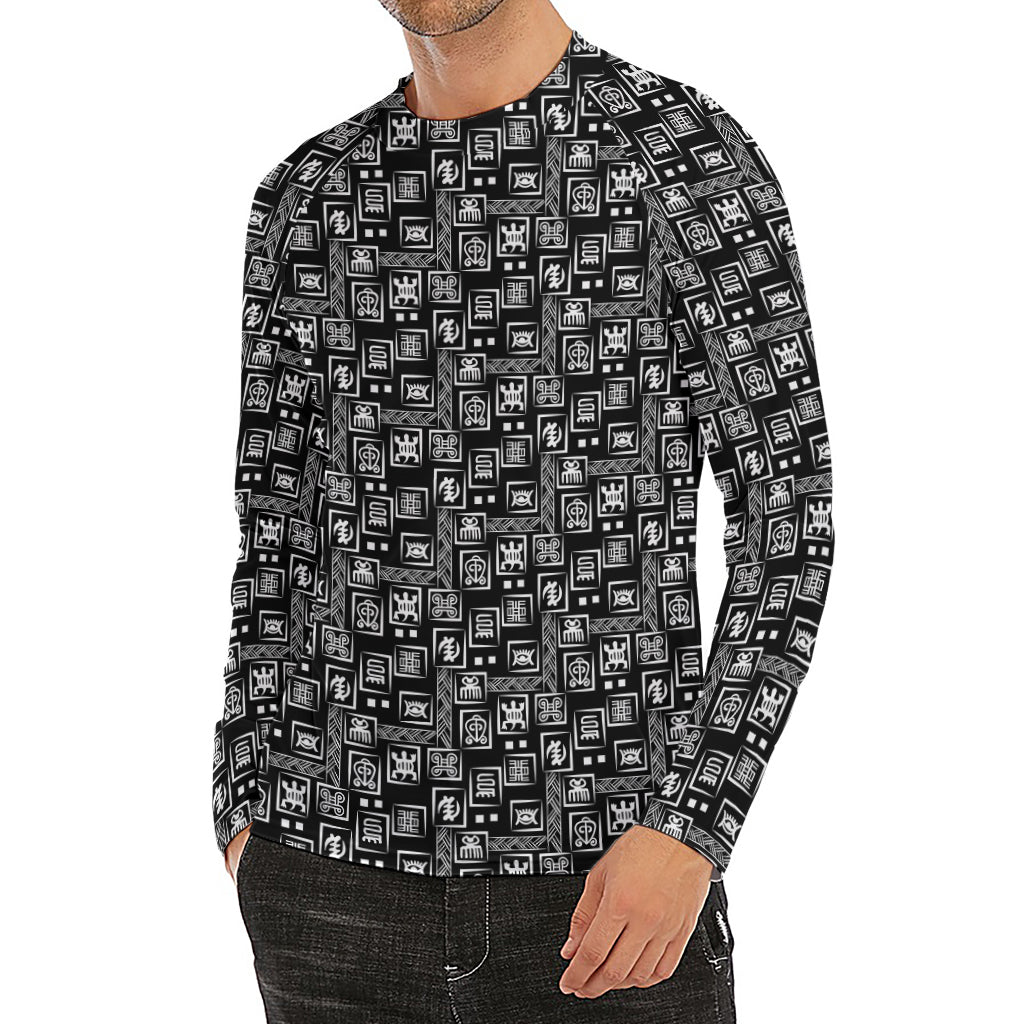 Black Adinkra Symbols Pattern Print Men's Long Sleeve Rash Guard