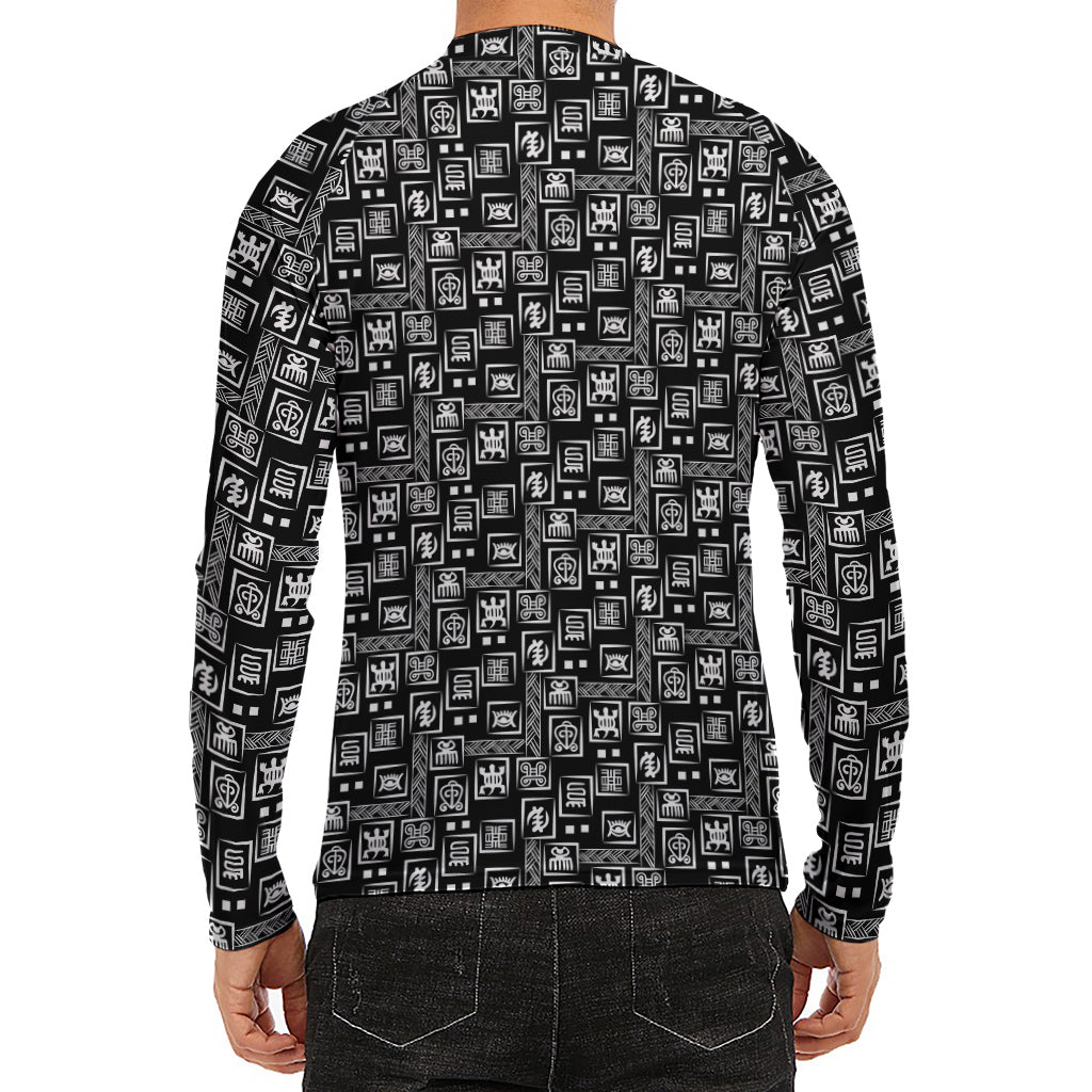 Black Adinkra Symbols Pattern Print Men's Long Sleeve Rash Guard