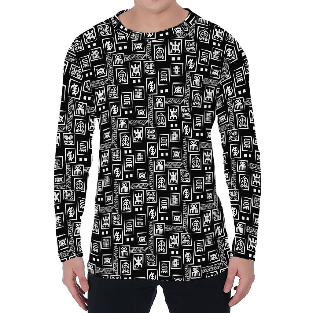 Black Adinkra Symbols Pattern Print Men's Long Sleeve T-Shirt