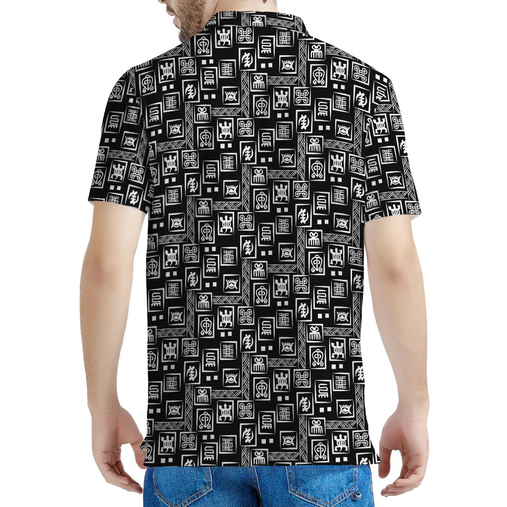 Black Adinkra Symbols Pattern Print Men's Polo Shirt