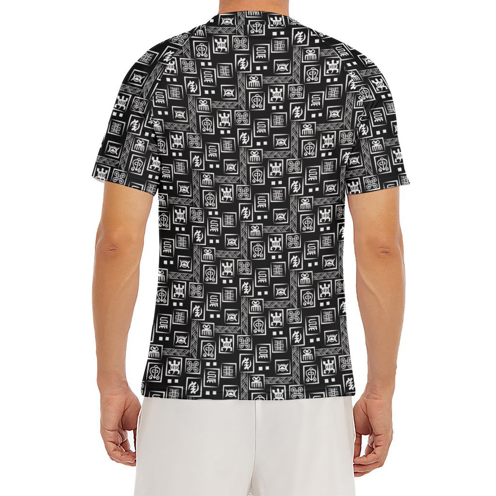 Black Adinkra Symbols Pattern Print Men's Short Sleeve Rash Guard