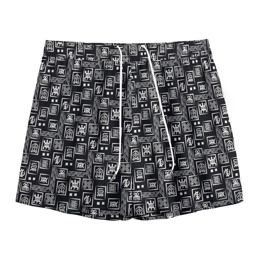 Black Adinkra Symbols Pattern Print Mesh Shorts