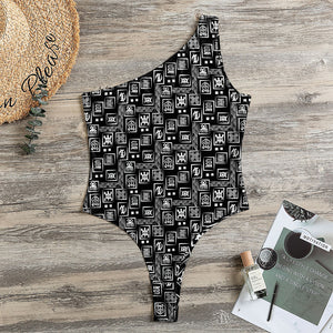 Black Adinkra Symbols Pattern Print One Shoulder Bodysuit