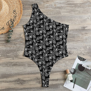 Black Adinkra Symbols Pattern Print One Shoulder Bodysuit