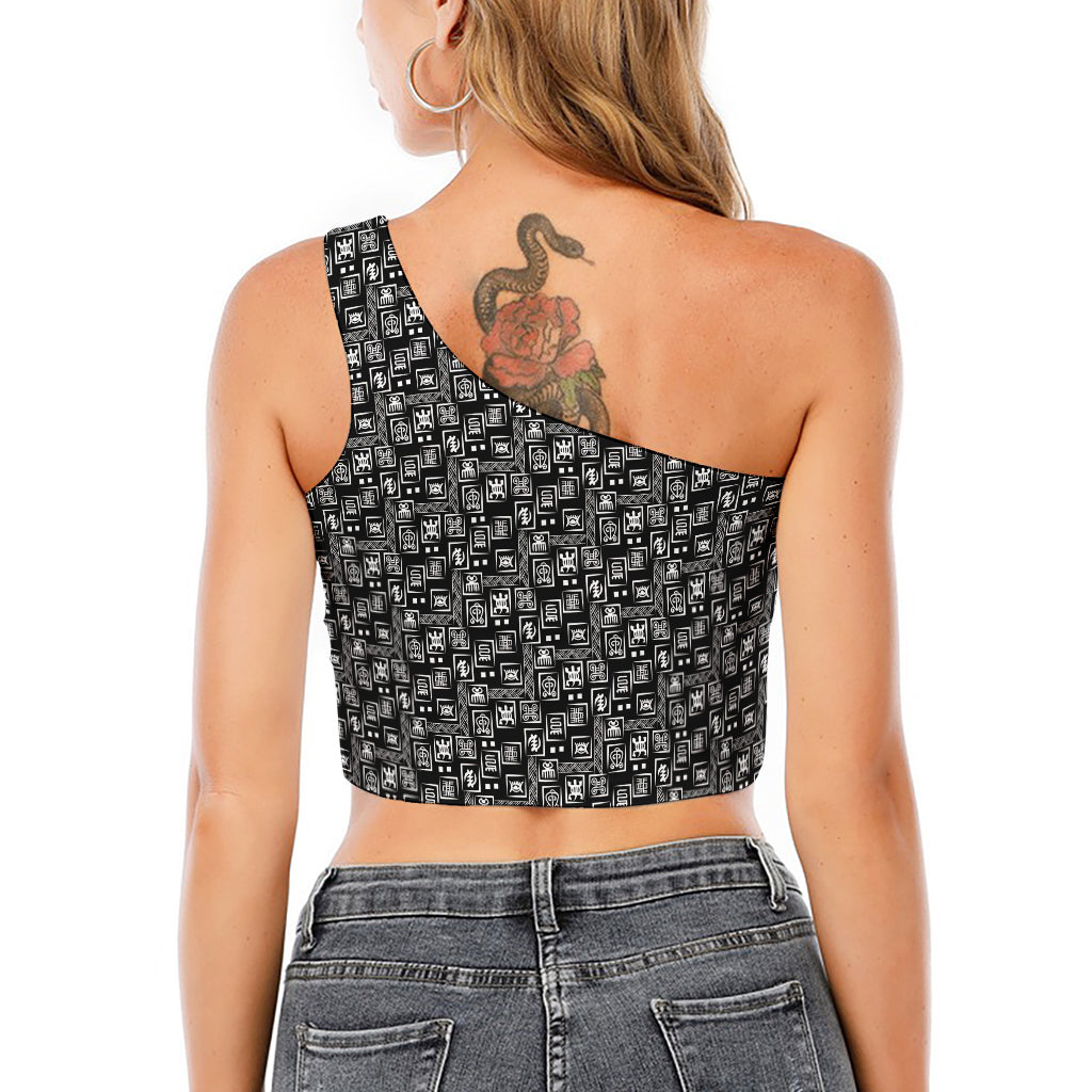 Black Adinkra Symbols Pattern Print One Shoulder Crop Top