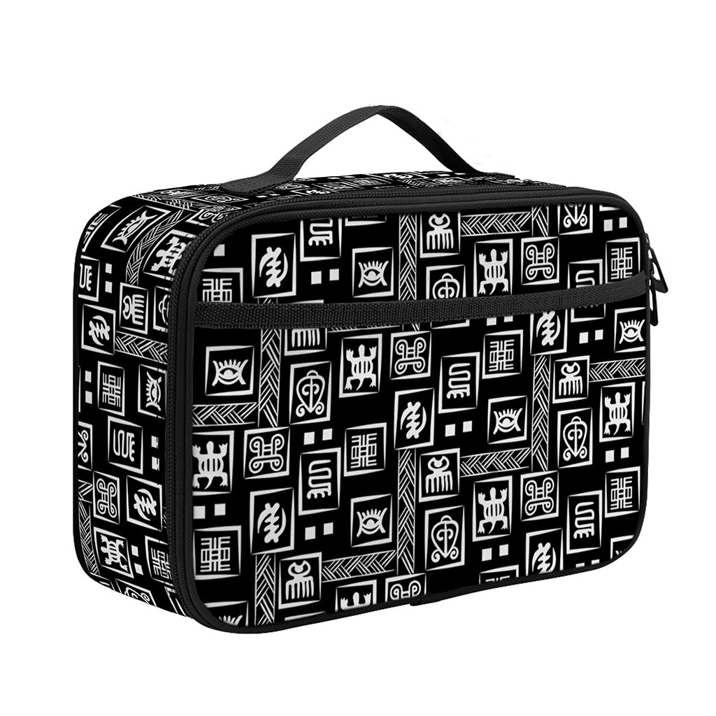 Black Adinkra Symbols Pattern Print Portable Lunch Bag