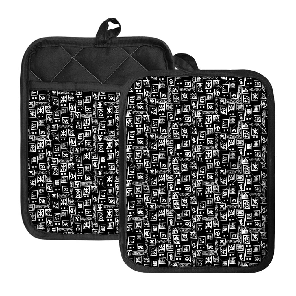 Black Adinkra Symbols Pattern Print Pot Holders With Pocket