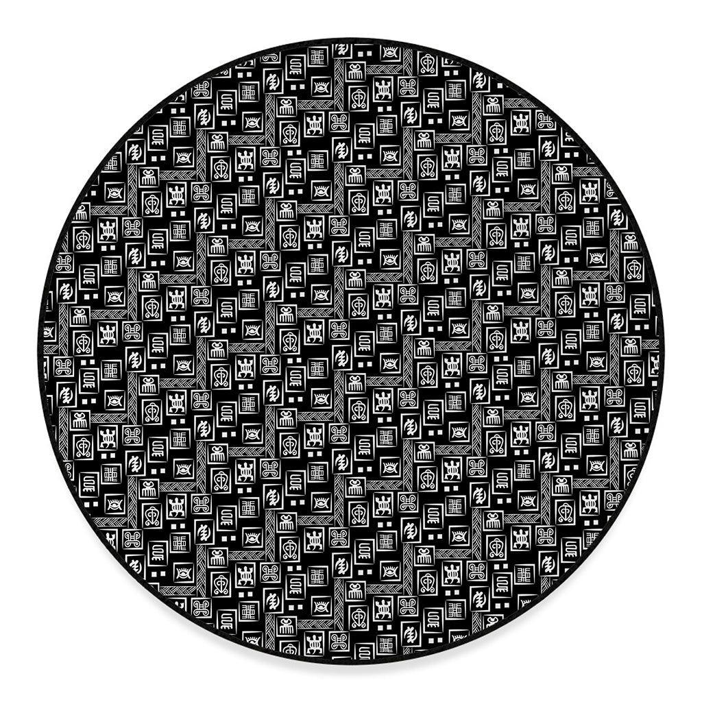 Black Adinkra Symbols Pattern Print Round Floor Mat
