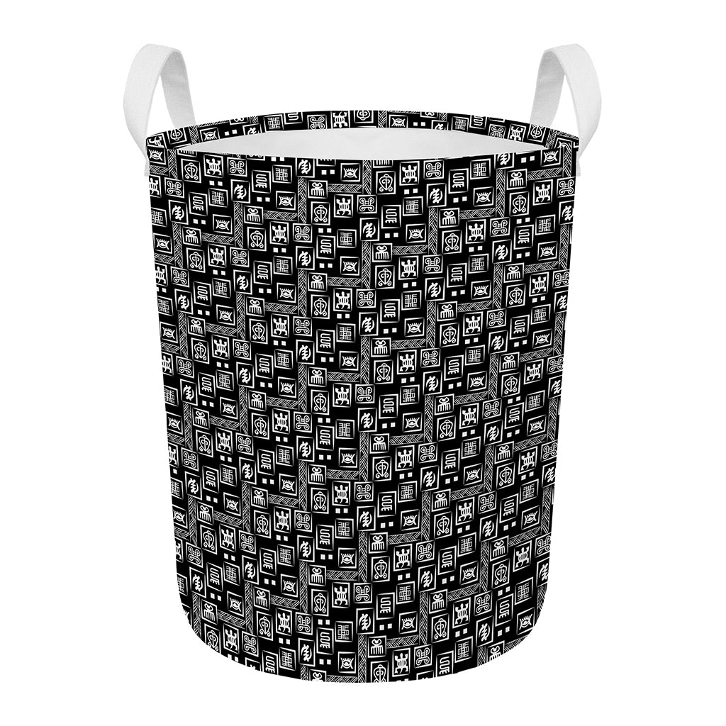 Black Adinkra Symbols Pattern Print Round Laundry Basket