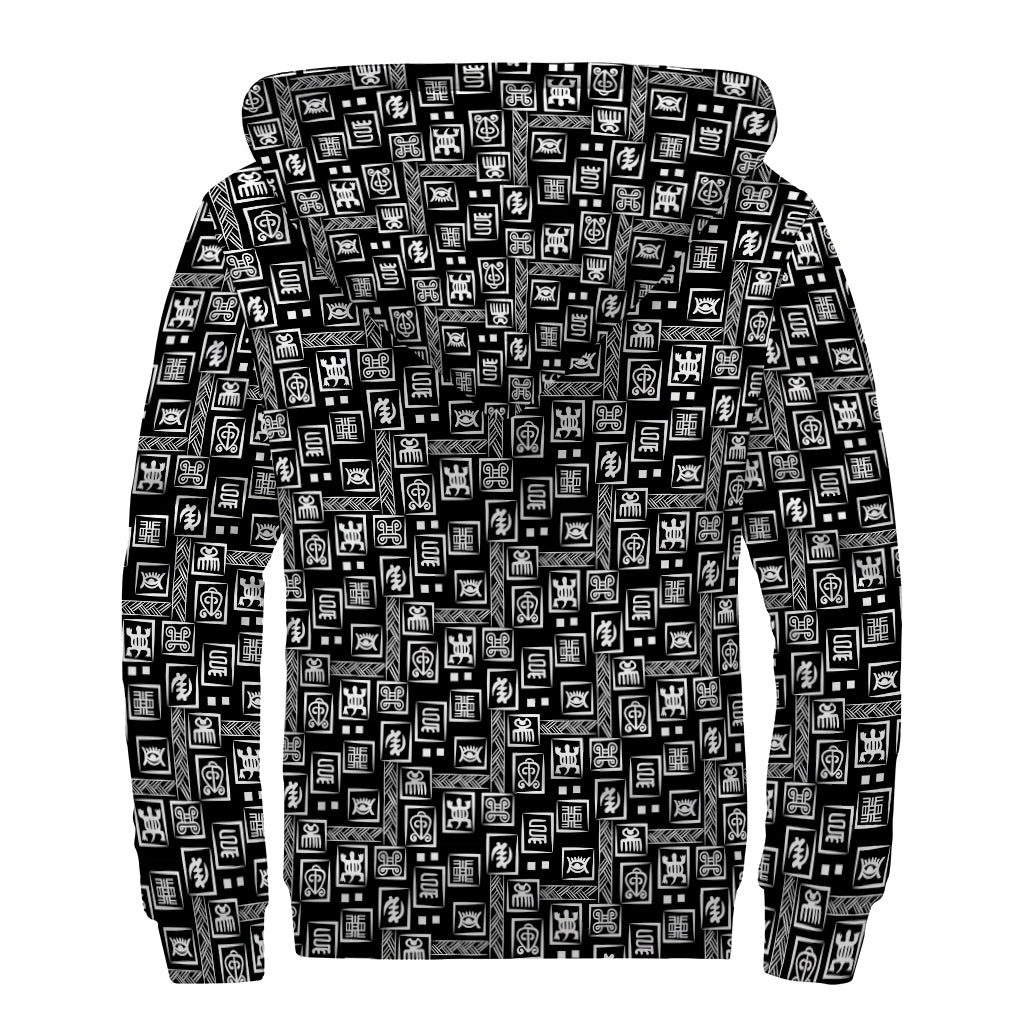Black Adinkra Symbols Pattern Print Sherpa Lined Zip Up Hoodie
