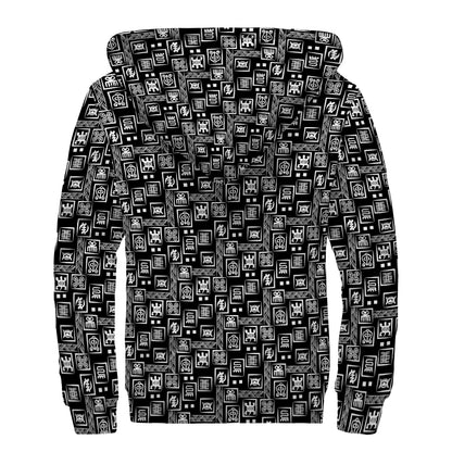 Black Adinkra Symbols Pattern Print Sherpa Lined Zip Up Hoodie