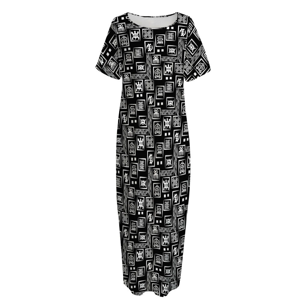 Black Adinkra Symbols Pattern Print Short Sleeve Long Nightdress