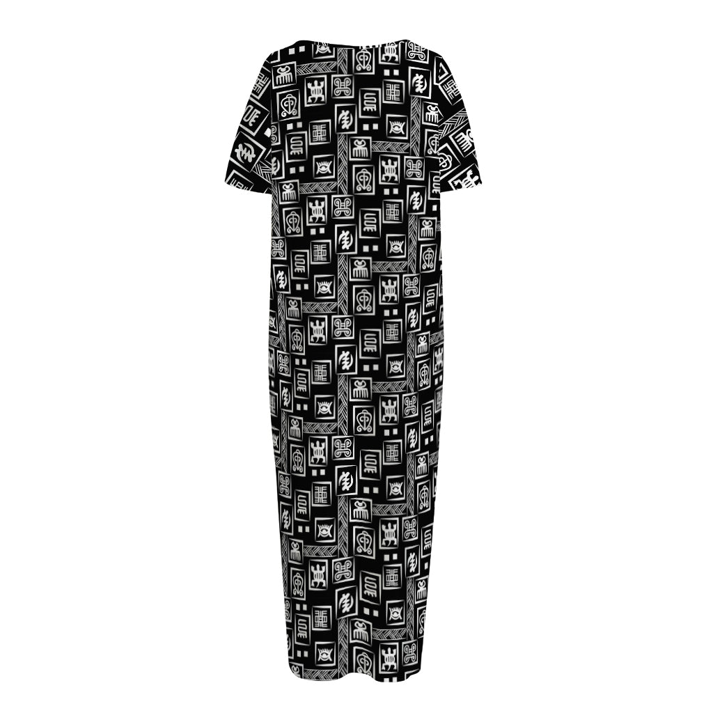 Black Adinkra Symbols Pattern Print Short Sleeve Long Nightdress