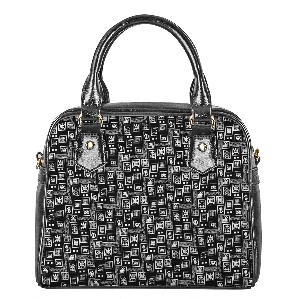 Black Adinkra Symbols Pattern Print Shoulder Handbag