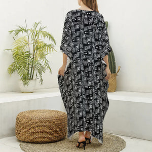 Black Adinkra Symbols Pattern Print Silk V-Neck Kaftan Dress