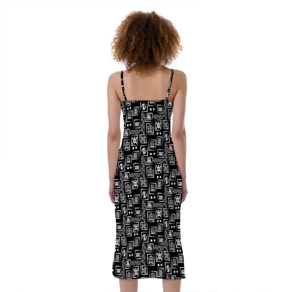 Black Adinkra Symbols Pattern Print Slim Fit Midi Cami Dress