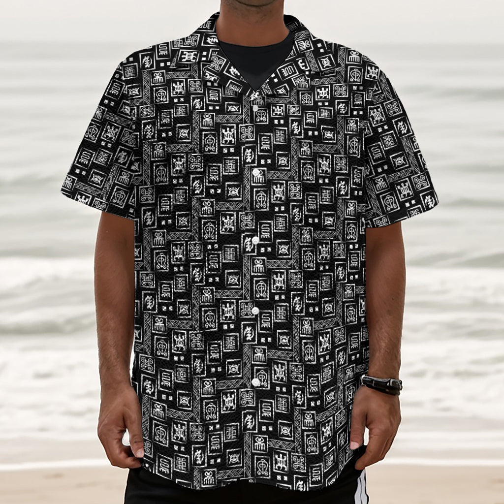 Black Adinkra Symbols Pattern Print Textured Short Sleeve Shirt