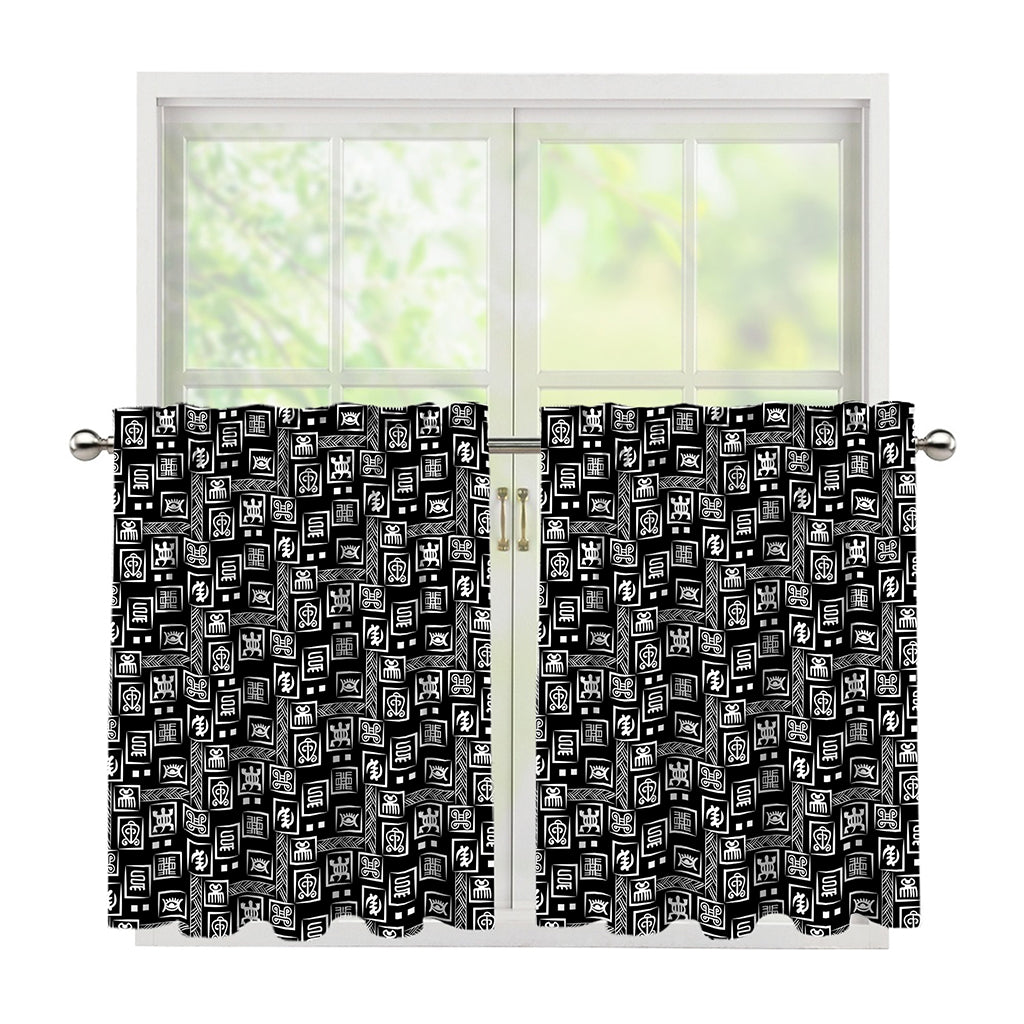 Black Adinkra Symbols Pattern Print Tier Curtains
