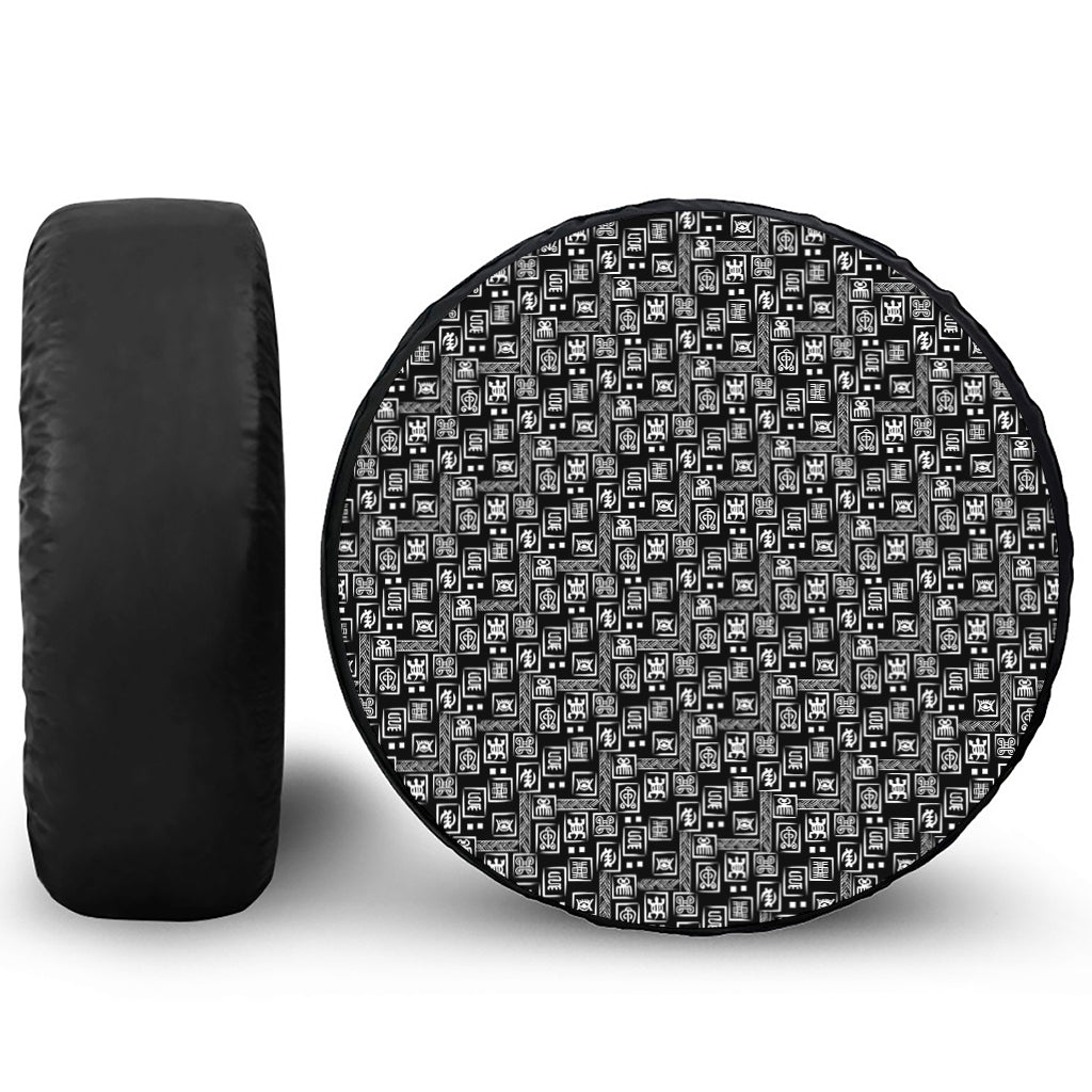 Black Adinkra Symbols Pattern Print Tire Cover