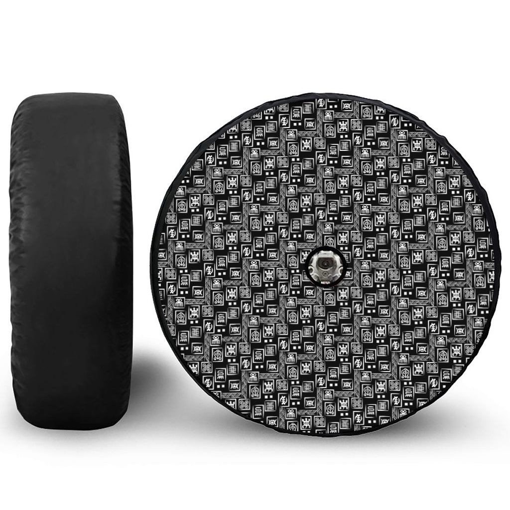 Black Adinkra Symbols Pattern Print Tire Cover With Camera Hole