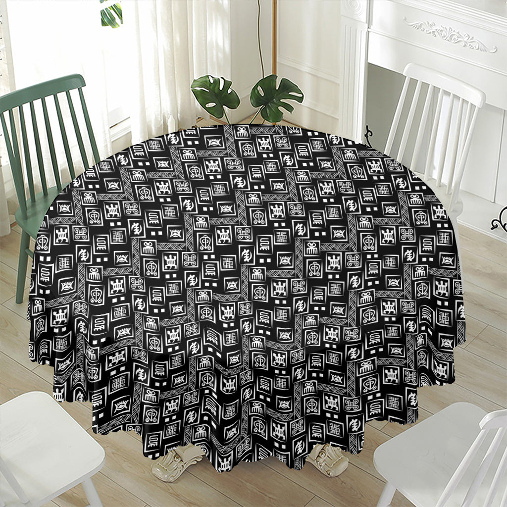 Black Adinkra Symbols Pattern Print Waterproof Round Tablecloth