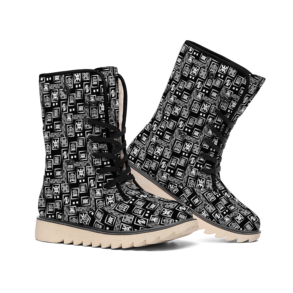 Black Adinkra Symbols Pattern Print Winter Boots