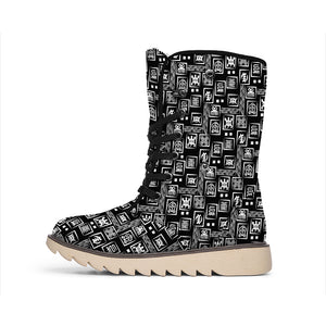 Black Adinkra Symbols Pattern Print Winter Boots