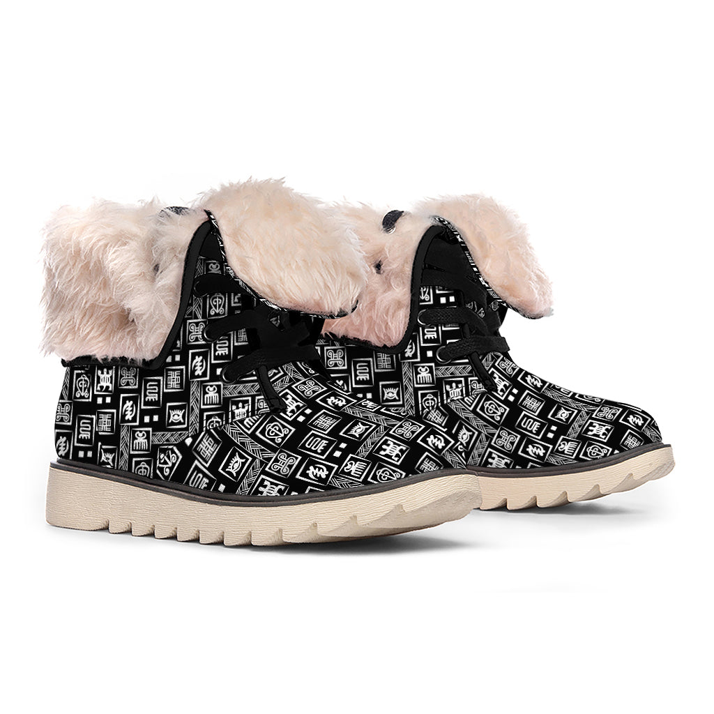 Black Adinkra Symbols Pattern Print Winter Boots