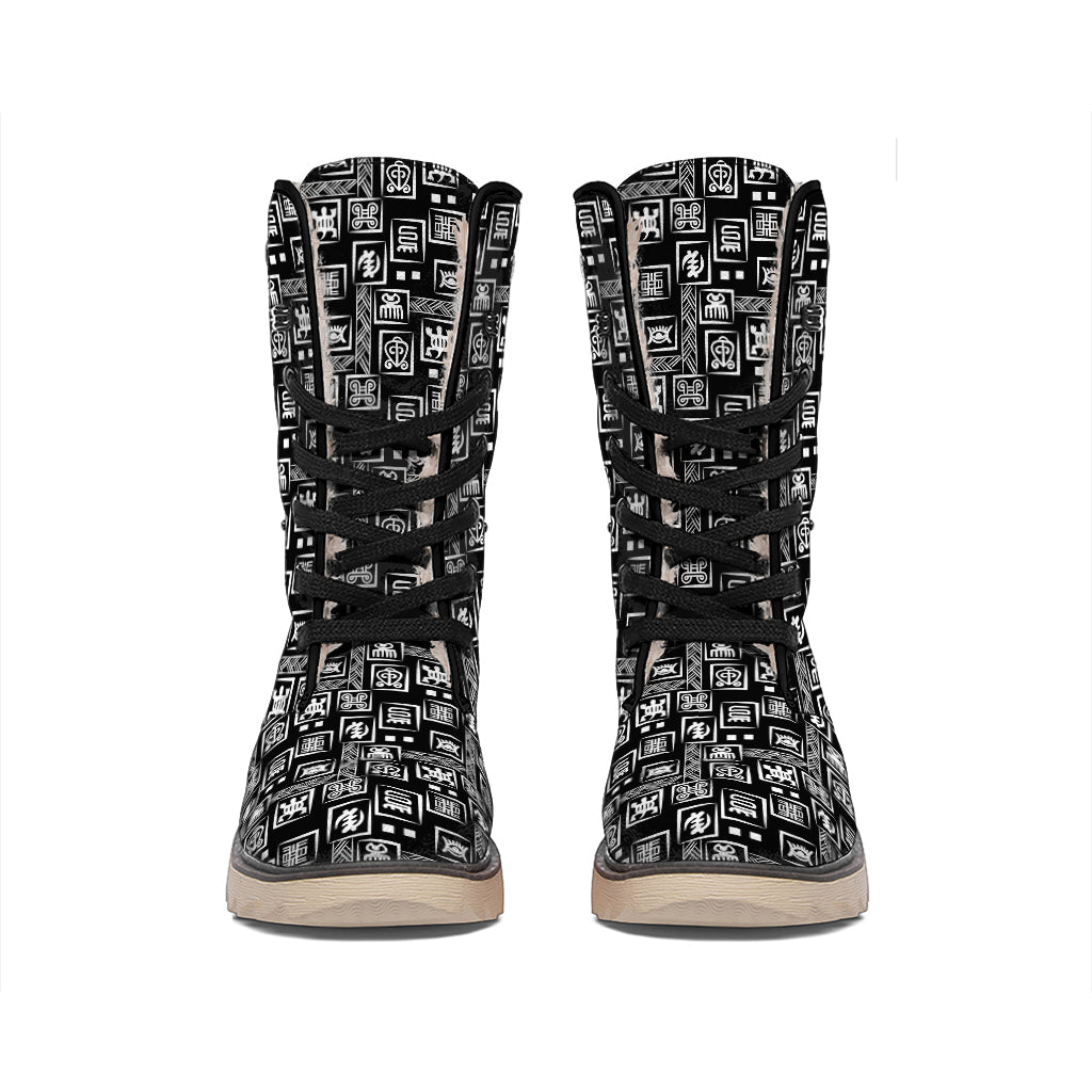 Black Adinkra Symbols Pattern Print Winter Boots