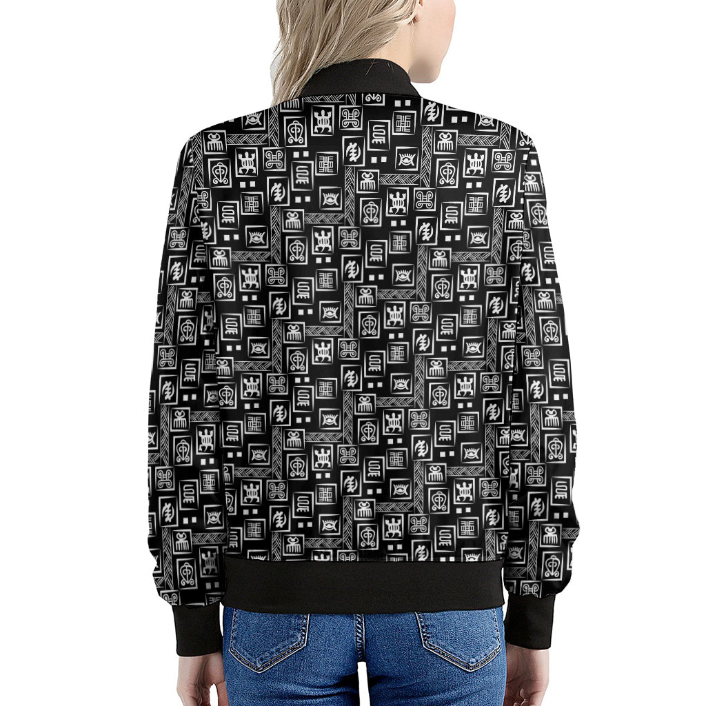 Black Adinkra Symbols Pattern Print Women's Bomber Jacket