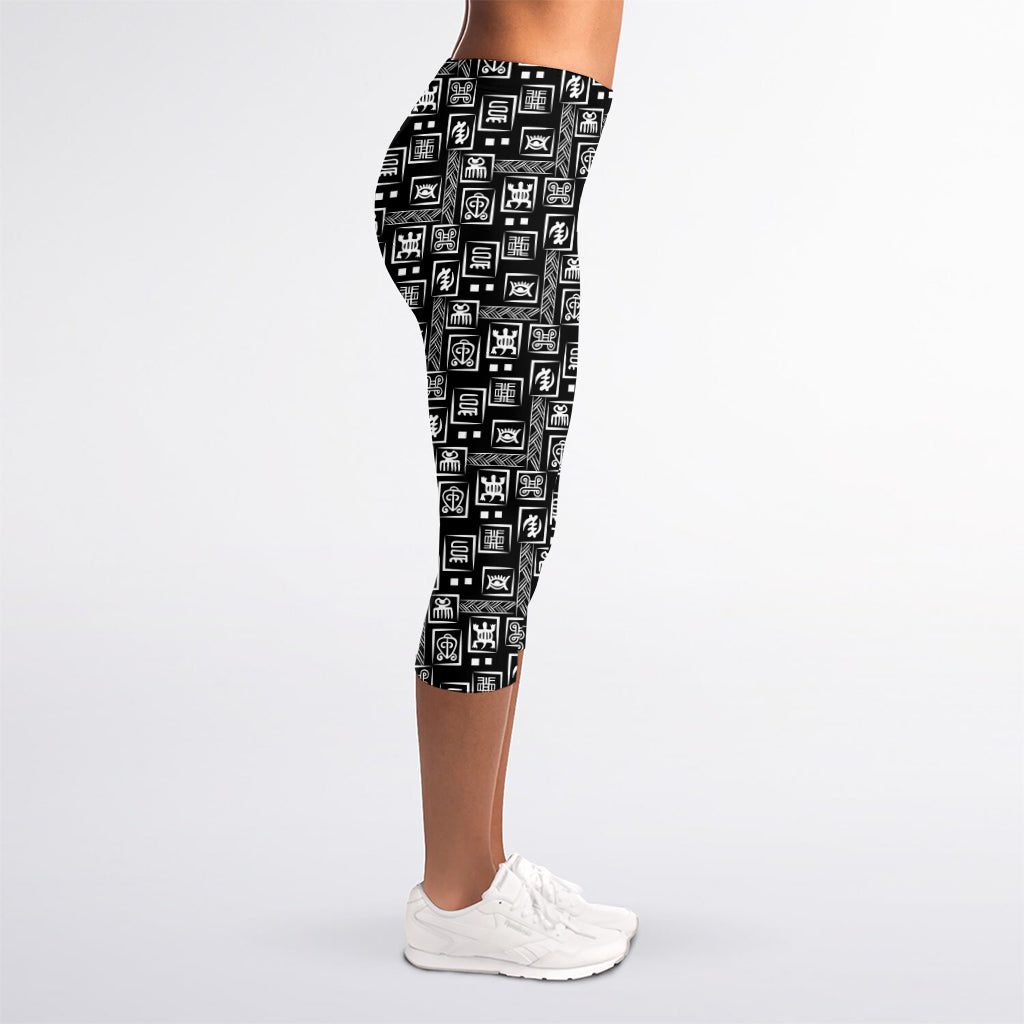 Black Adinkra Symbols Pattern Print Women's Capri Leggings