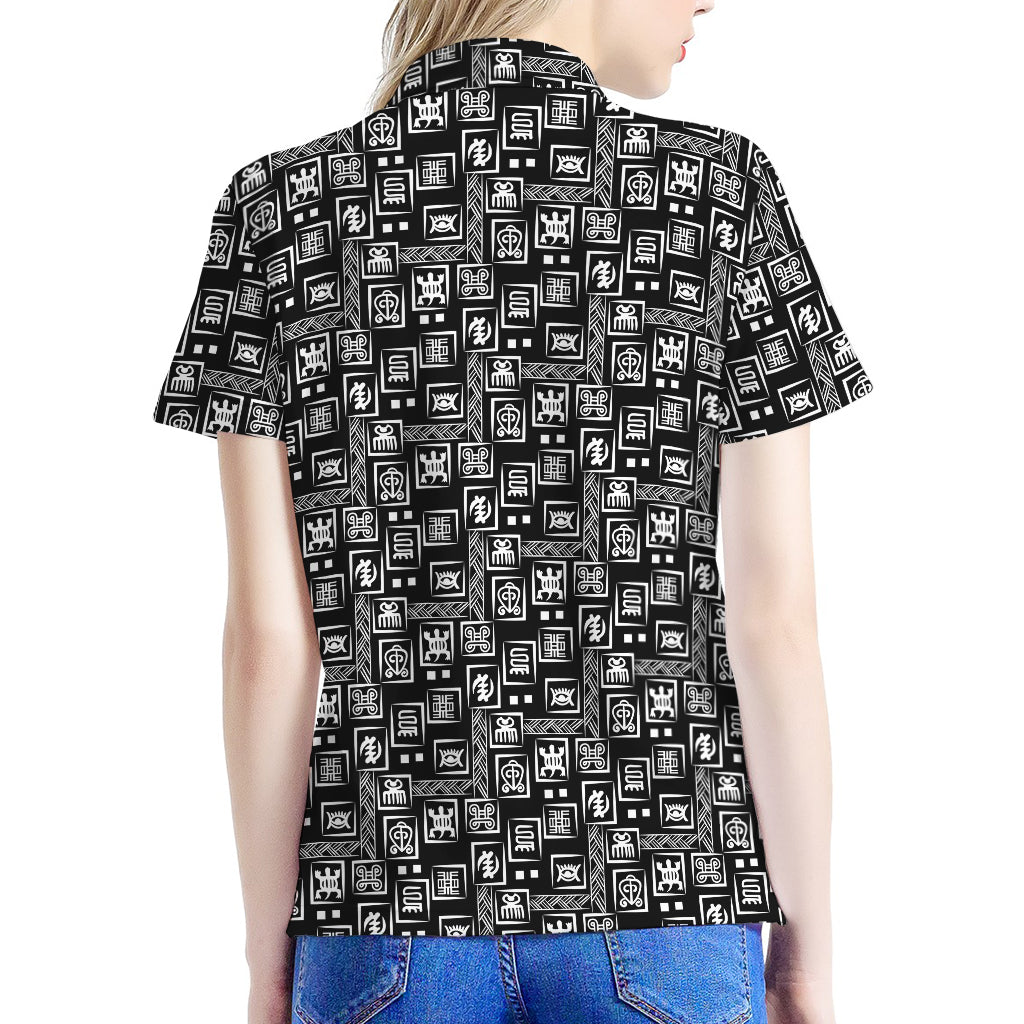 Black Adinkra Symbols Pattern Print Women's Polo Shirt