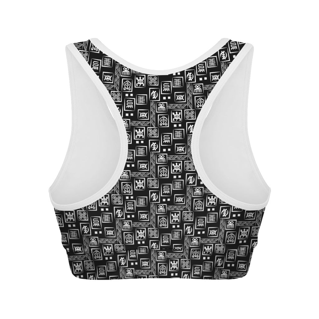 Black Adinkra Symbols Pattern Print Women's Sports Bra